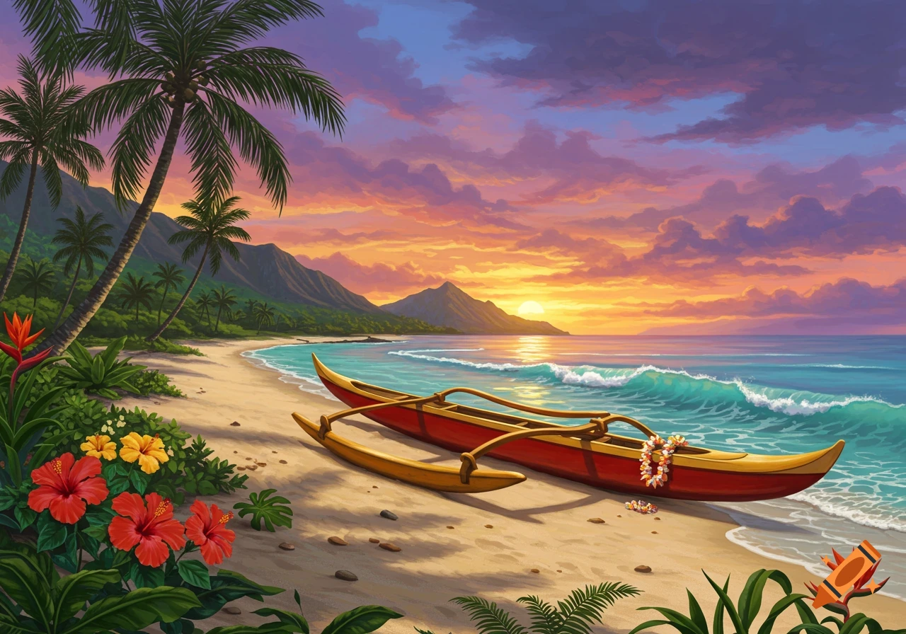 A vibrant painting of a Hawaiian beach at sunset with palm trees, tropical flowers, and a traditional red canoe on the sand.