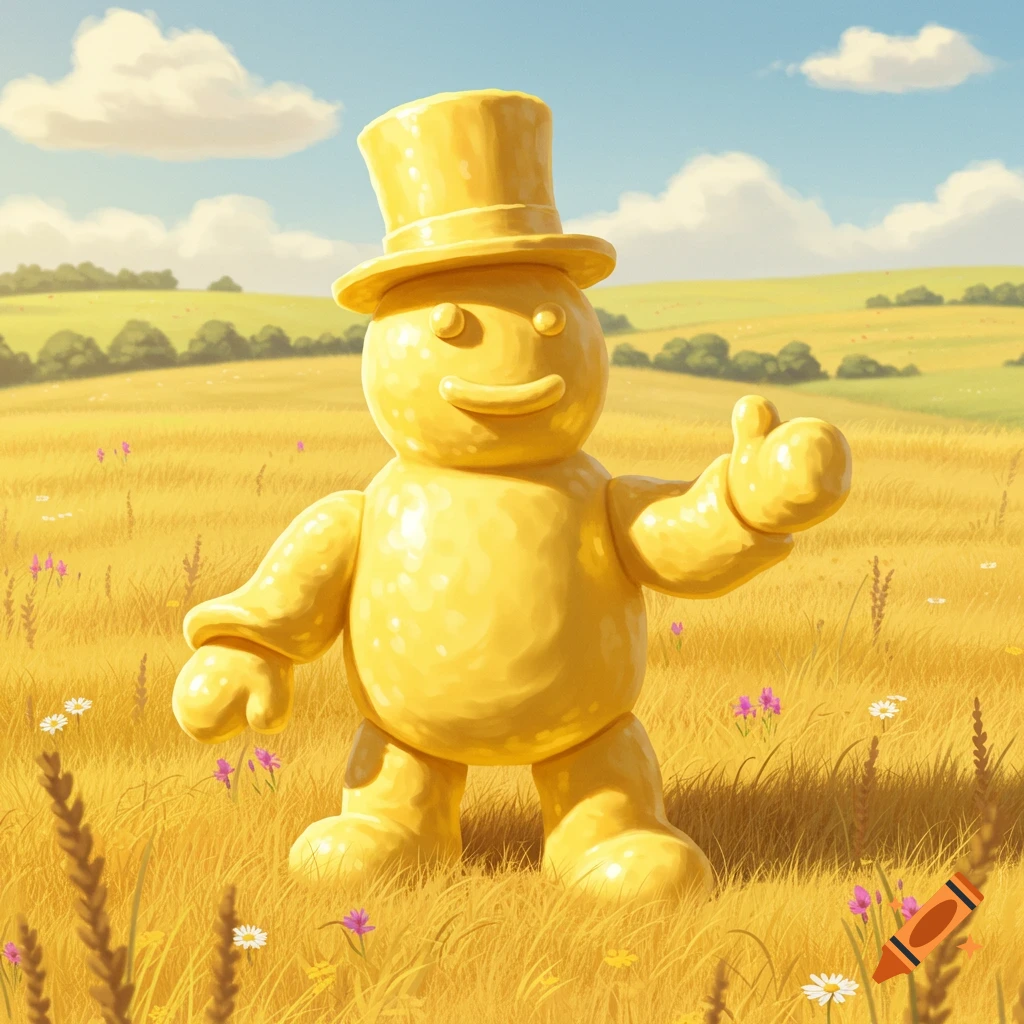 A smiling yellow butter man with a top hat gives a thumbs up in a golden field with flowers under a blue sky.