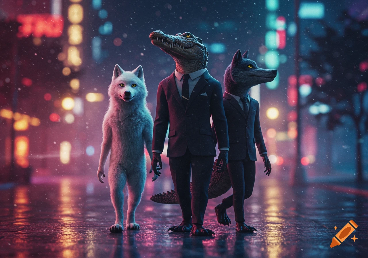 A white wolf, a crocodile, and a black wolf in suits walk on a wet city street at night, illuminated by neon lights, hyperrealistic style.