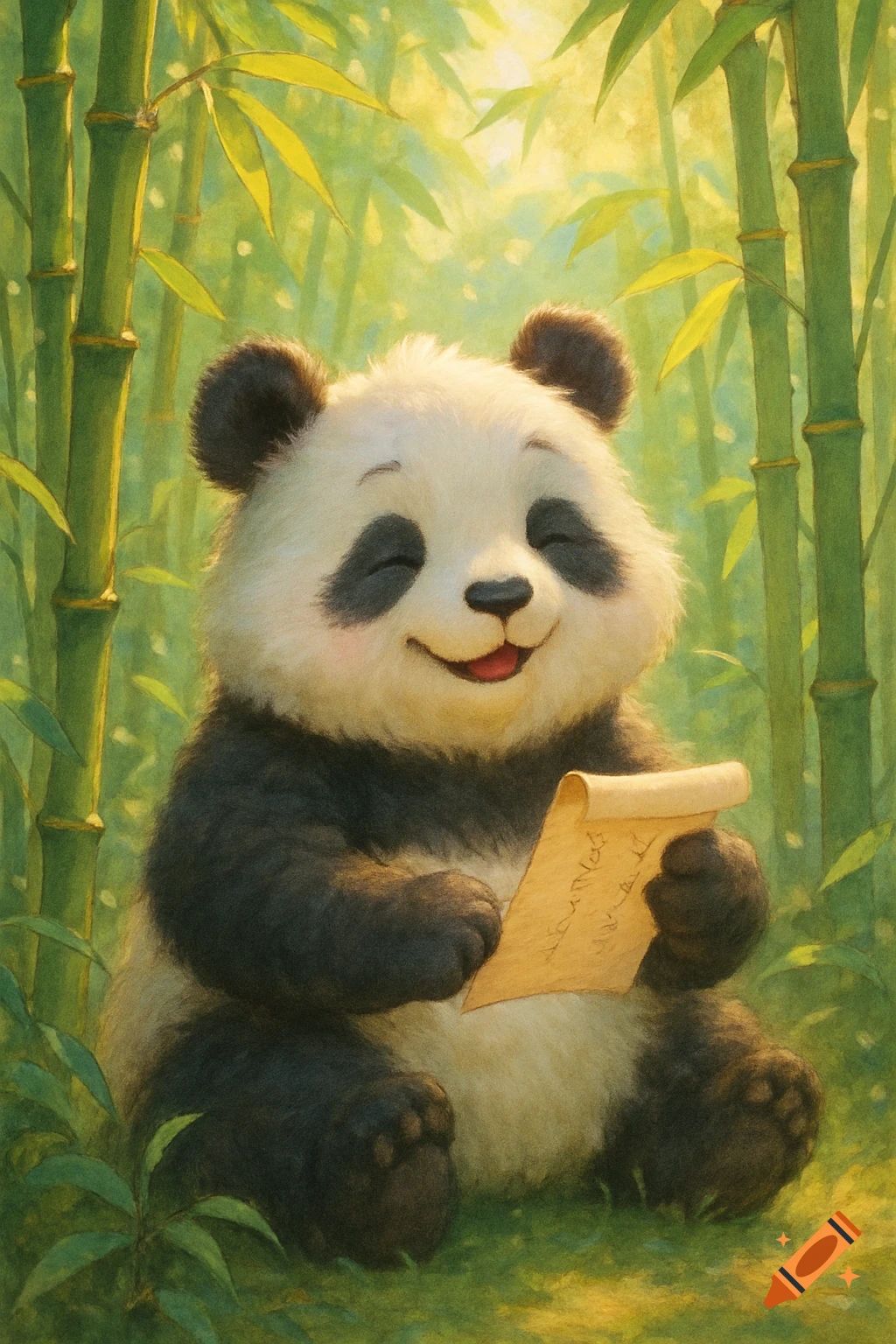 A cute, smiling panda sits in a sunny bamboo forest, holding a small scroll with illegible text.