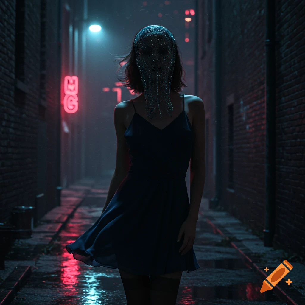 A woman in a dark dress and glittering mask stands in a wet, neon-lit alley at night.