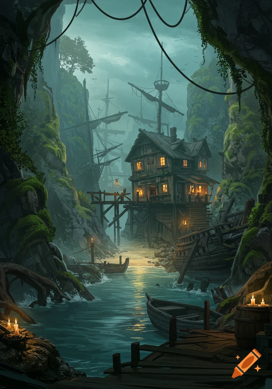 A moody fantasy painting of a pirate hideout cove with a lit tavern, wrecked ships, and moss-covered cliffs surrounding a misty river.