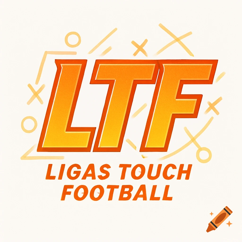 Logo for Ligas Touch Football with 'LTF' in large orange and yellow letters, against a white background with light orange playbook doodles.