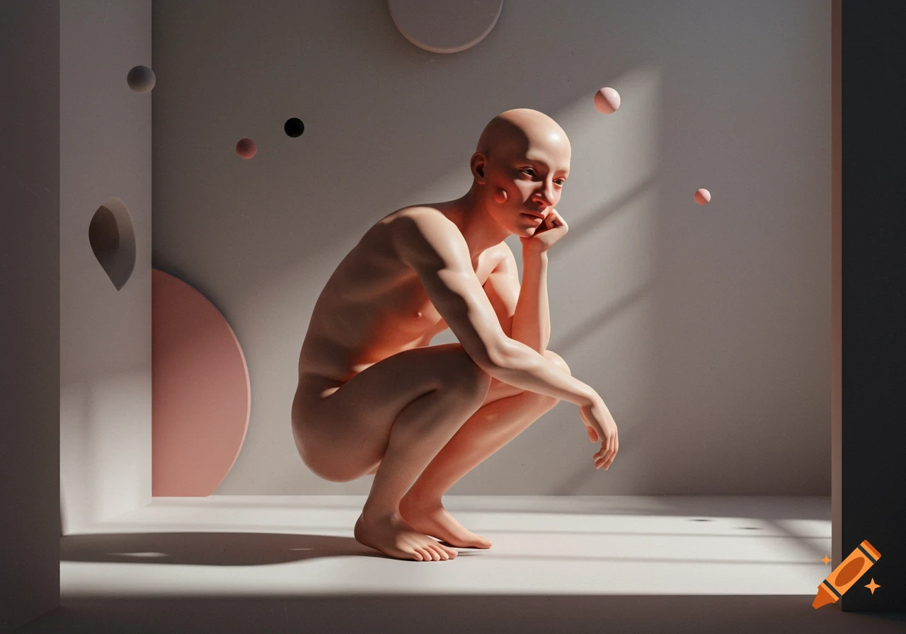 A bald, nude, stylized figure squats in a minimalist room with floating spheres, hand on chin, contemplating.