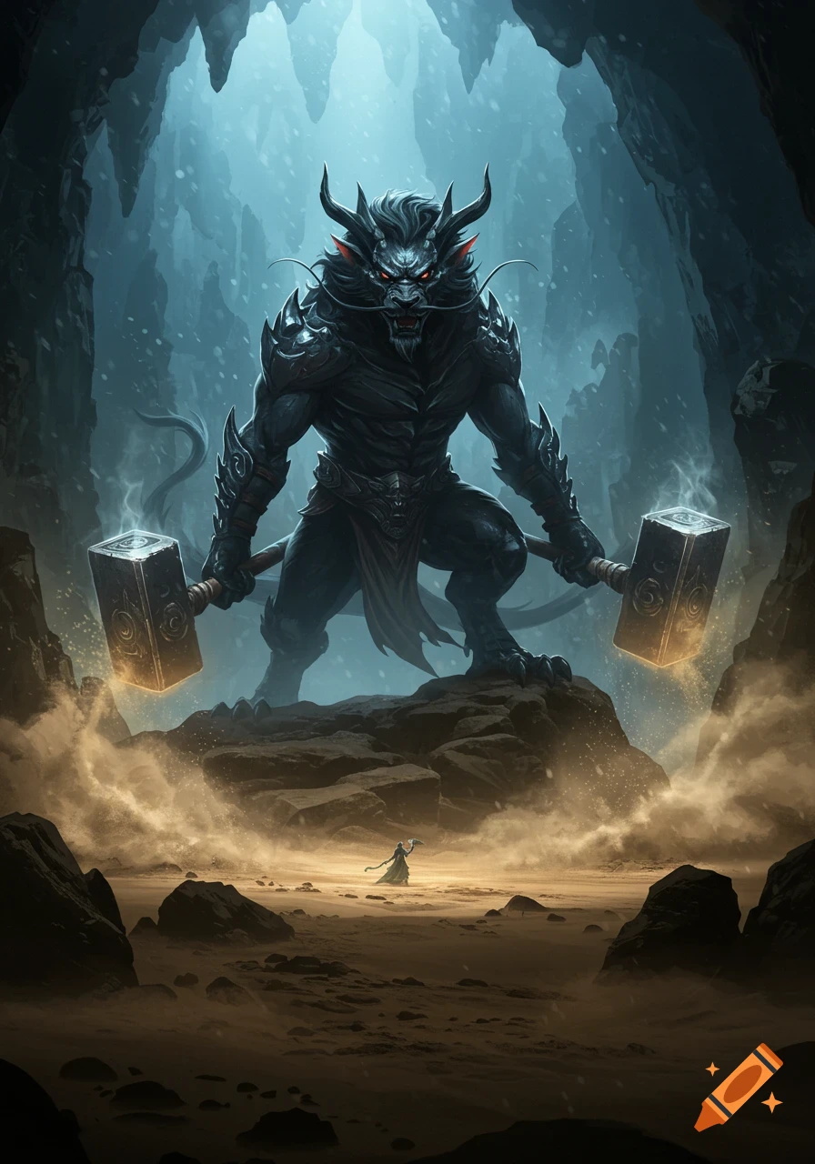 A massive horned black creature with red eyes stands in a cavern holding two glowing hammers, facing a tiny figure in a sandy clearing.