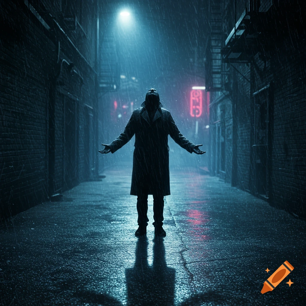 A desperate figure in a trench coat stands in a dark, rainy urban alley, hands outstretched under a streetlamp.