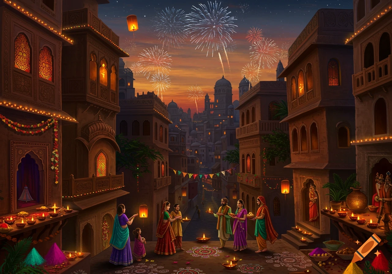 A festive Diwali night scene in an Indian city with people celebrating, decorated buildings, and fireworks lighting the evening sky.
