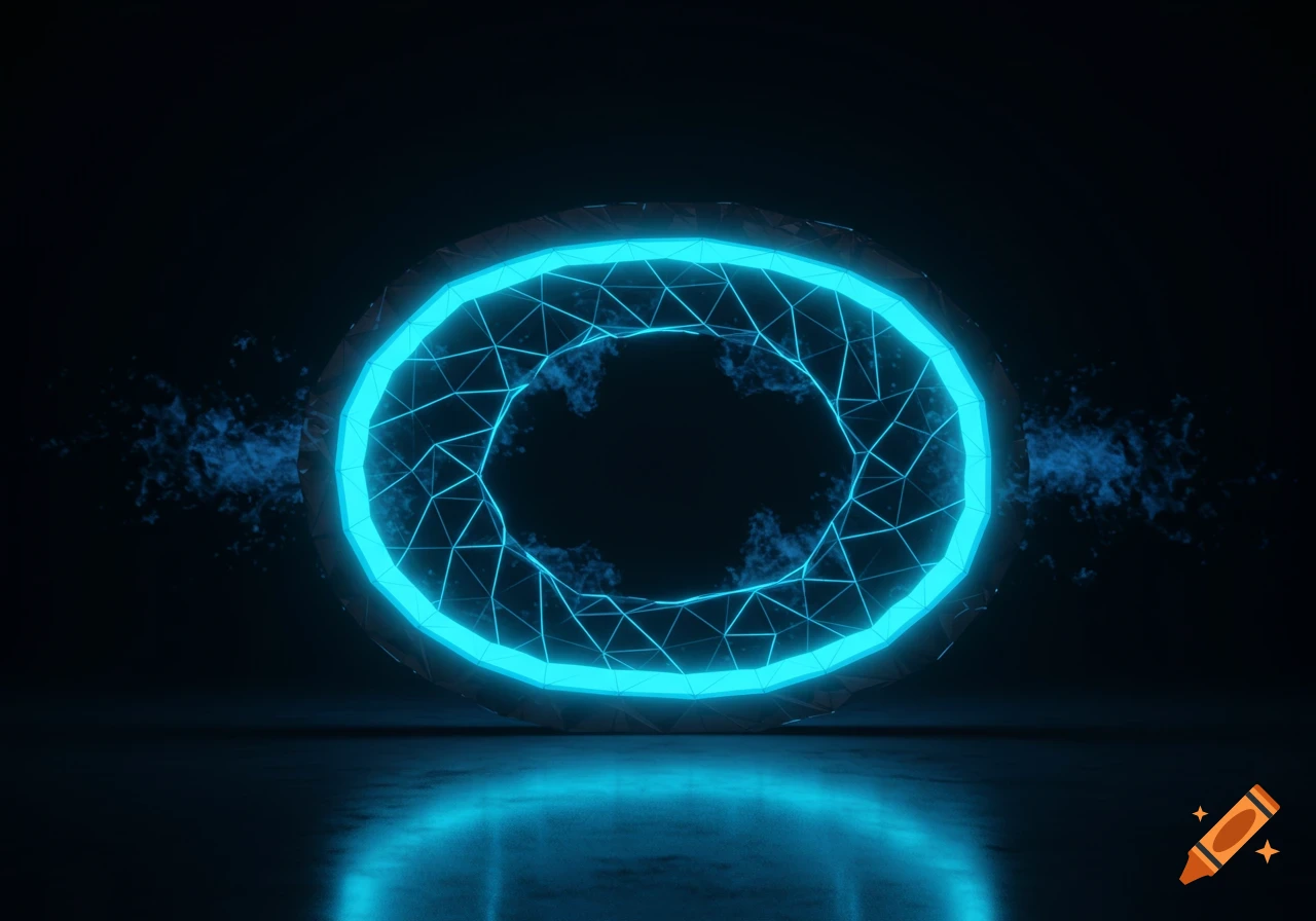 A glowing blue low-poly oval portal sits on a reflective dark surface, with blue energy particles emanating from its sides.