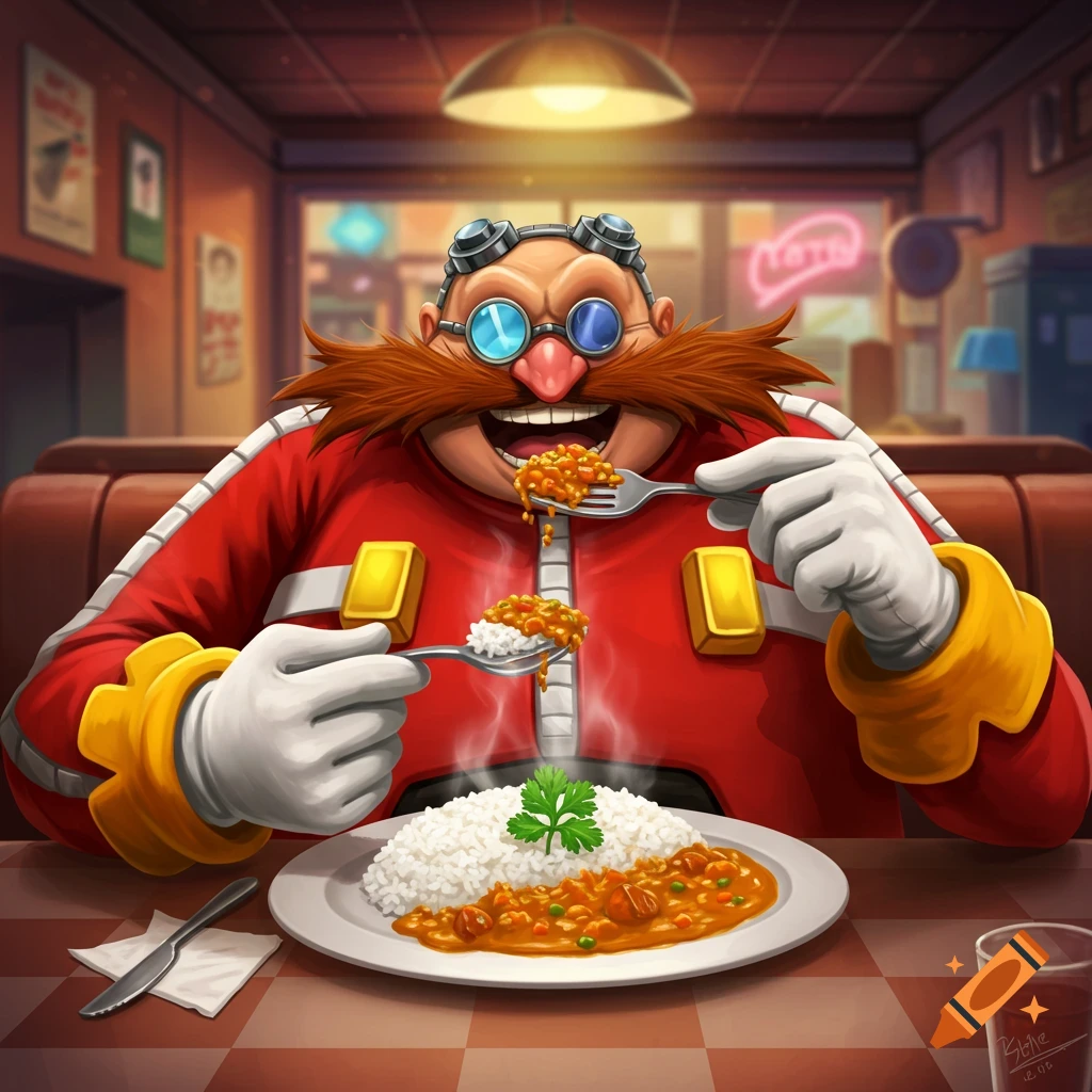 Dr. Eggman, a portly man with a large mustache and goggles, joyfully eats curry rice with a fork and spoon in a diner.
