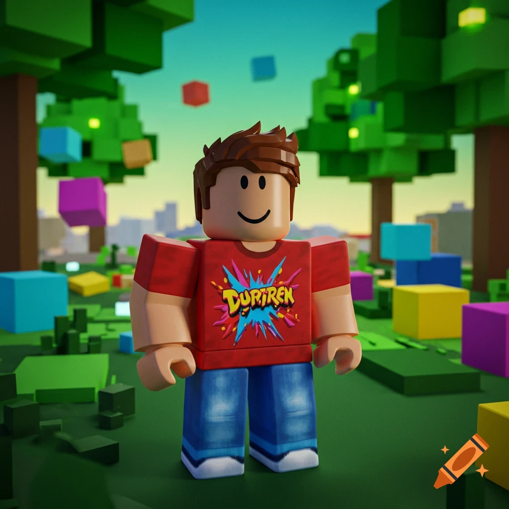 A blocky Roblox avatar in a red shirt and blue jeans stands in a vibrant, blocky landscape with trees and floating cubes.