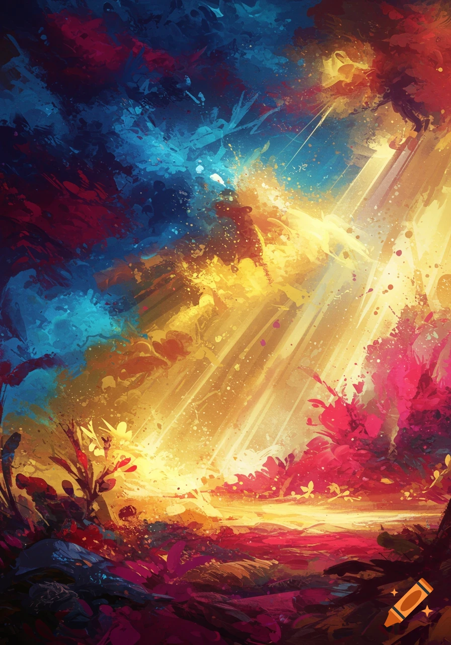 Vibrant abstract landscape painting with dramatic light rays and splashes of red, blue, yellow, and pink colors.