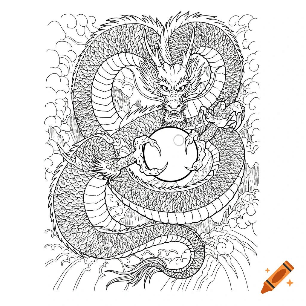 Detailed black and white line art of a coiled dragon with a fierce expression, holding a glowing orb. Tattoo style illustration.