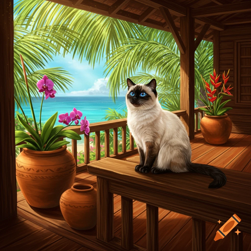 A Siamese cat with striking blue eyes sits on a wooden balcony railing, overlooking a sunny tropical beach with palm trees and turquoise water, in an illustrative style.