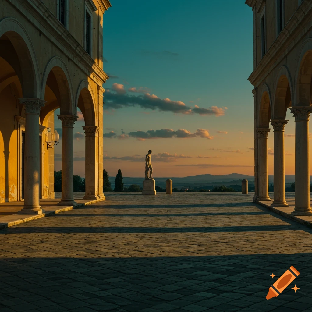 A classical male statue stands in an empty stone courtyard flanked by columned buildings under a dramatic sunset sky with distant hills.