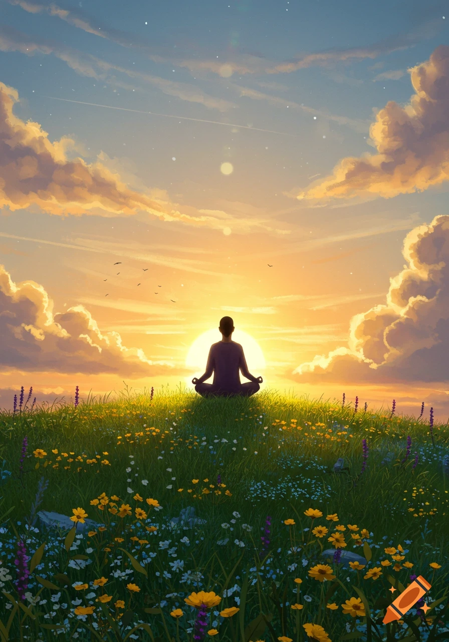 A silhouetted person meditates in lotus position on a wildflower hill at a vibrant sunset, in an illustrative style.