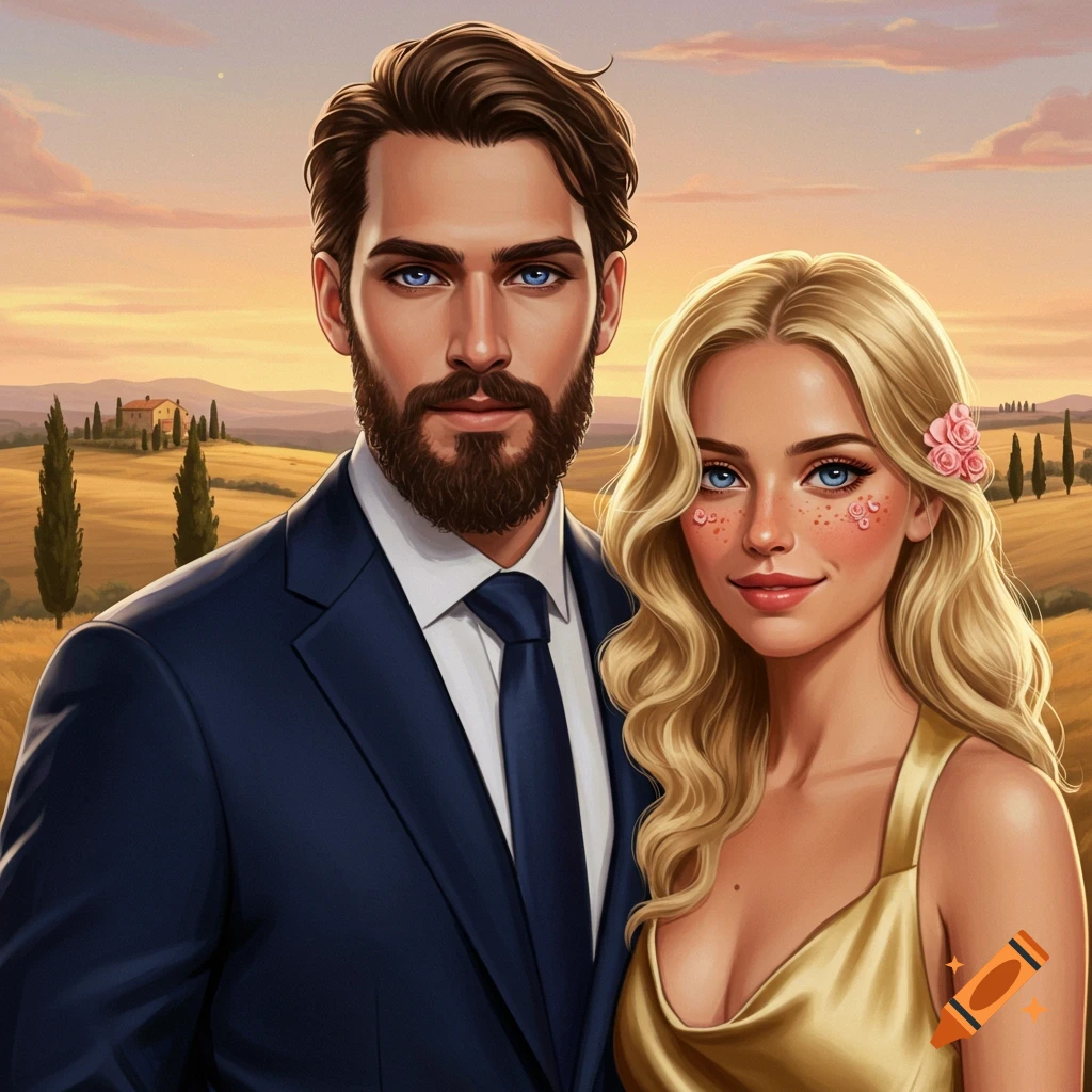 A stylized portrait of a man and a woman standing in a scenic countryside at sunset.