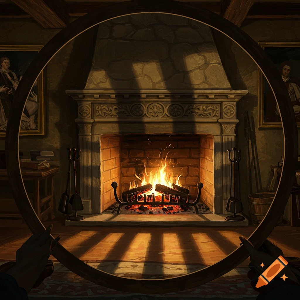 A painterly view of a roaring fireplace in a cozy, dimly lit room with portraits, seen through a circular frame.