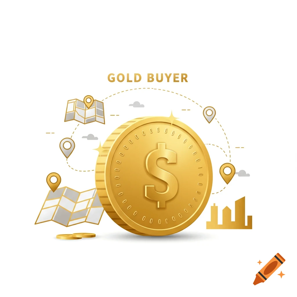 A modern illustration featuring a large gold dollar coin, surrounded by maps, location pins, and a city skyline, with the text "GOLD BUYER" above.