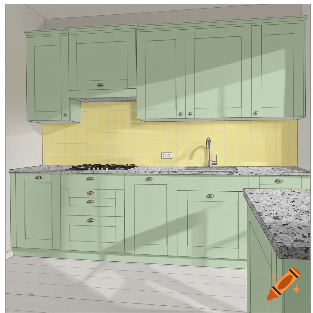 An architectural illustration of a kitchen with light green cabinets, a yellow tiled backsplash, and granite countertops.