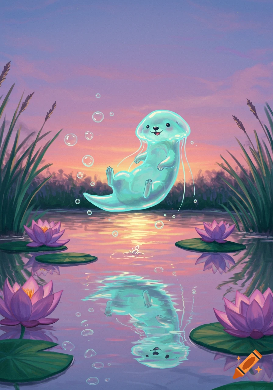 Whimsical illustration of a glowing, translucent otter-like jellyfish floating above a pond with lotus flowers at sunset.