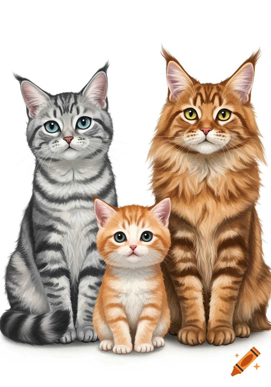 Illustration of three cats: a grey tabby, an orange tabby kitten, and a fluffy orange cat, all on a white background.
