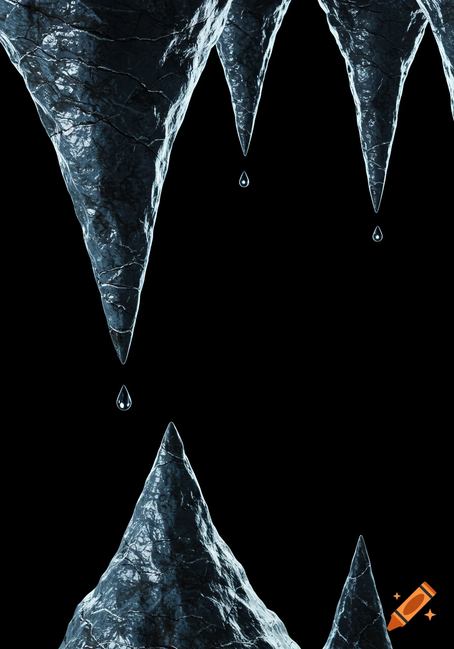 Close-up of icy stalactites with water droplets falling on a black background, photorealistic style.