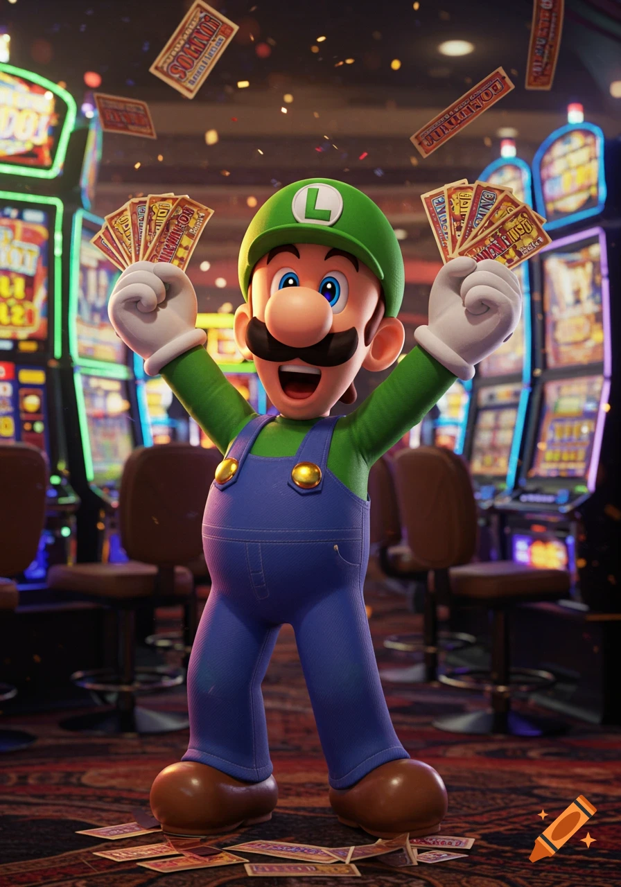 Luigi excitedly holds up winning tickets in a vibrant casino with slot machines, confetti falling around him.