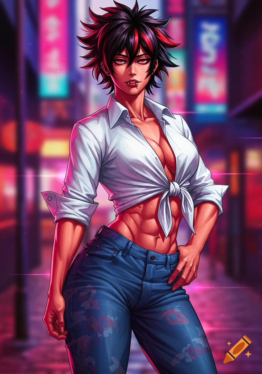 A muscular anime-style woman with spiky black and red hair, red eyes, and fangs, wearing an unbuttoned white shirt and jeans, stands in a neon-lit city street.