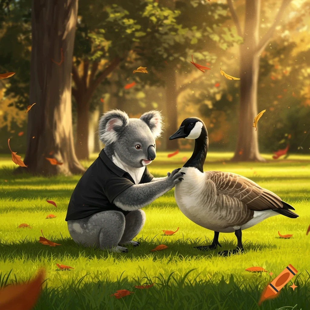 A cute koala in a black polo shirt gently pets a Canadian goose in a sunlit autumn park with falling leaves.