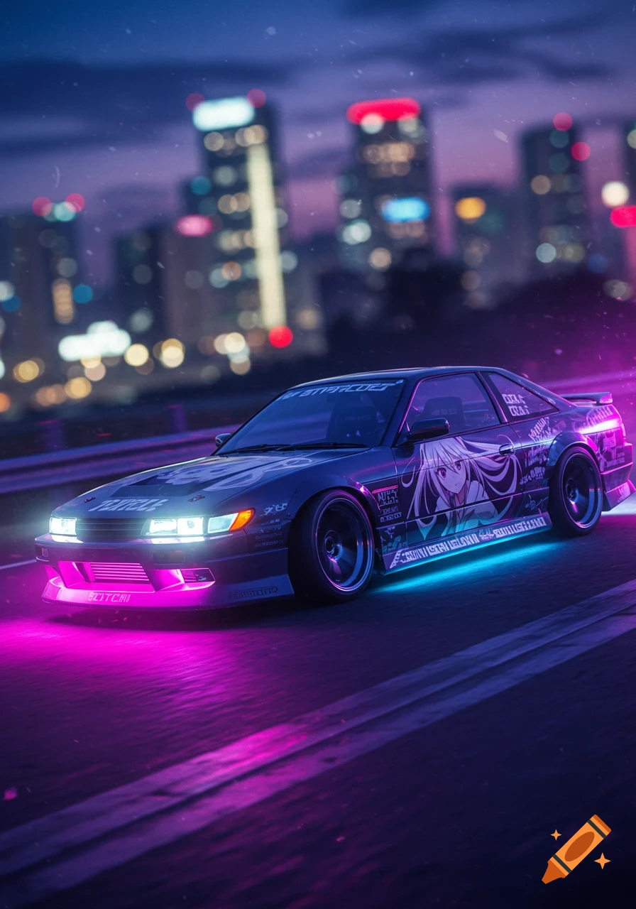 A black Nissan Silvia S13 sports car with an anime girl livery and neon pink and blue underglow drives on a road at night, with a blurred city skyline in the background.