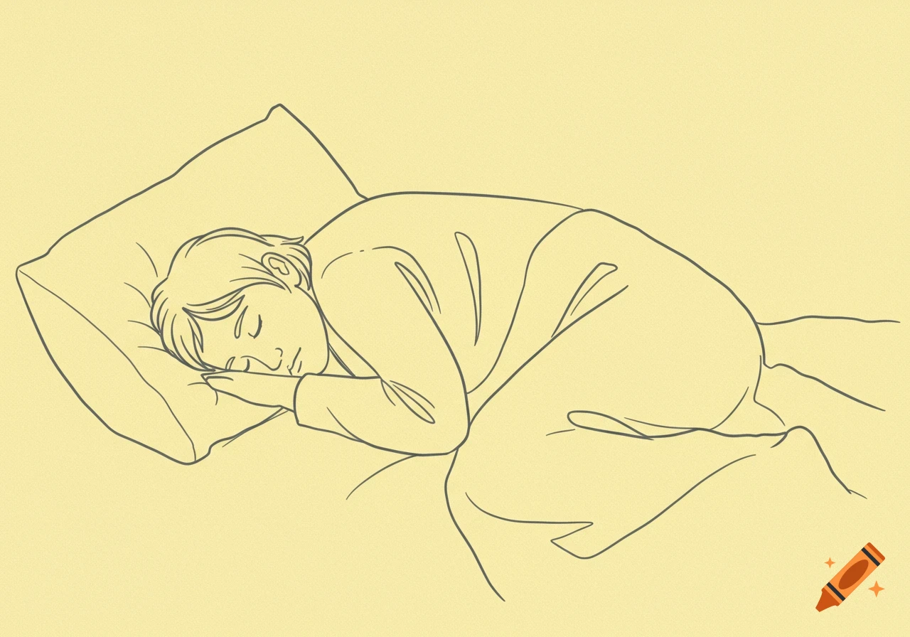 Minimalist naive line drawing of a person sleeping on their side on a pale yellow background.