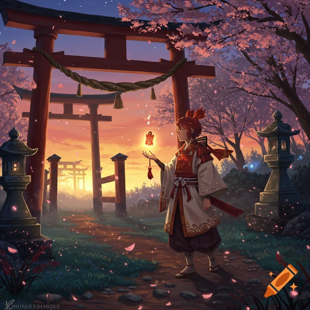 An anime-style person in traditional Japanese attire holds a glowing charm under a cherry blossom tree, walking towards torii gates at sunset.