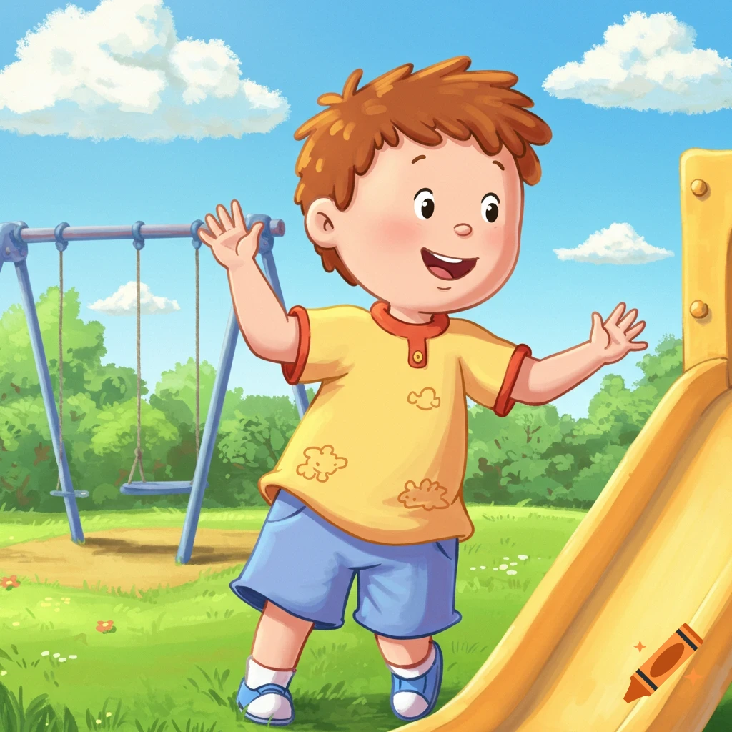 A happy cartoon boy with red hair, wearing a yellow shirt and blue shorts, playing on a playground next to a yellow slide.