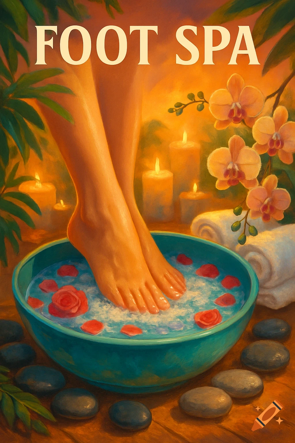 A painted image of feet soaking in a turquoise bowl with rose petals, surrounded by candles, orchids, and smooth stones. The text 'FOOT SPA' is at the top.