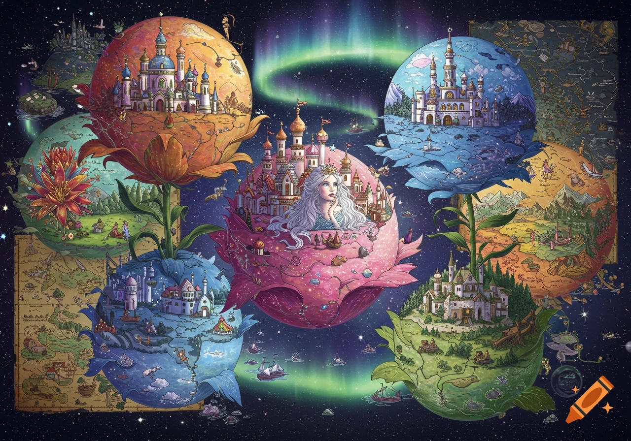 Detailed fantasy illustration of flower-planets with castles, a princess, and maps floating in a starry sky with aurora.