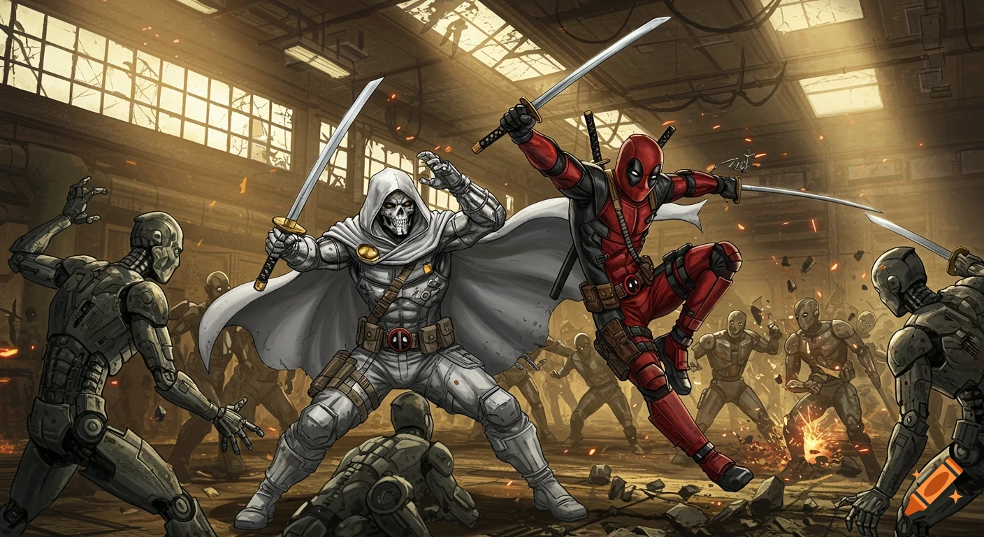 Deadpool and Taskmaster battle a horde of android henchmen in a damaged warehouse, depicted in a dynamic comic book art style.