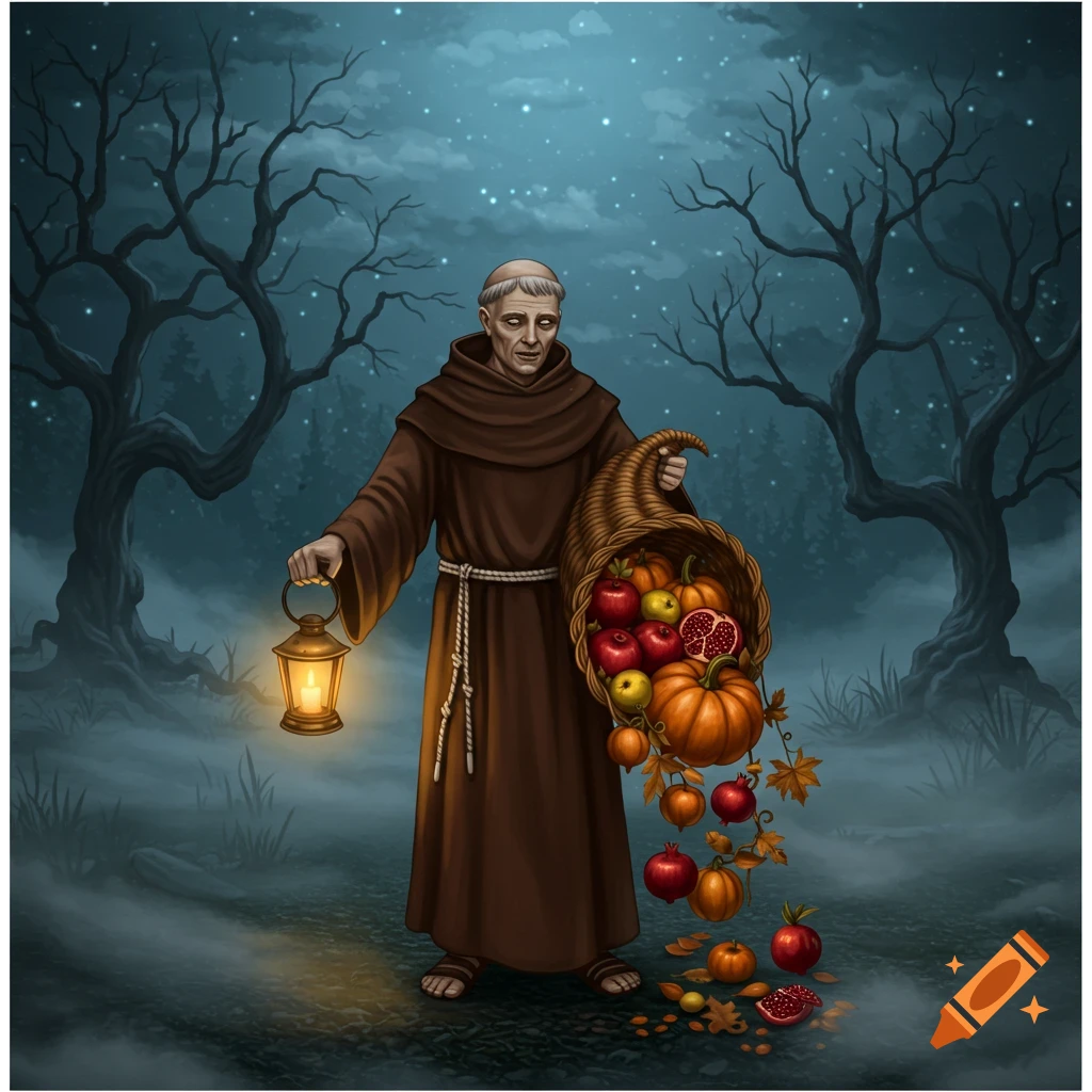 A friar holds a glowing lantern and a cornucopia overflowing with autumn fruits in a spooky, moonlit forest.