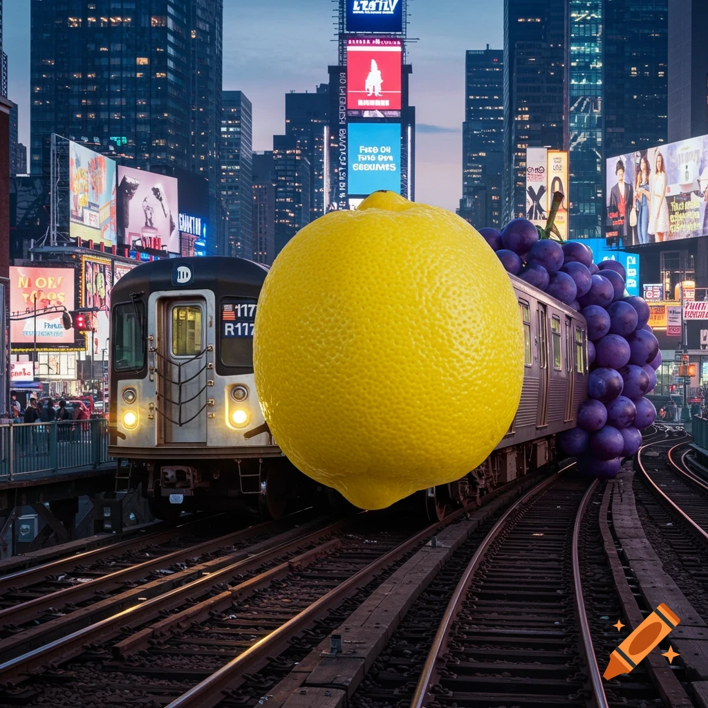 A surreal image of a New York City subway train with its body transformed into a giant lemon and a cluster of purple grapes, on tracks in an urban setting.