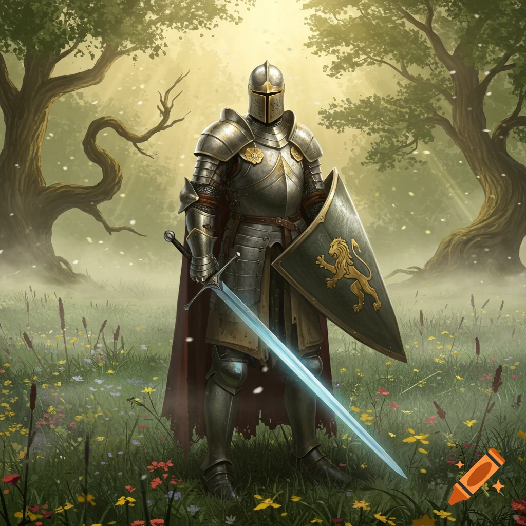 A knight in full silver armor stands in a sunlit forest clearing, holding a glowing blue sword and a shield with a golden lion emblem.