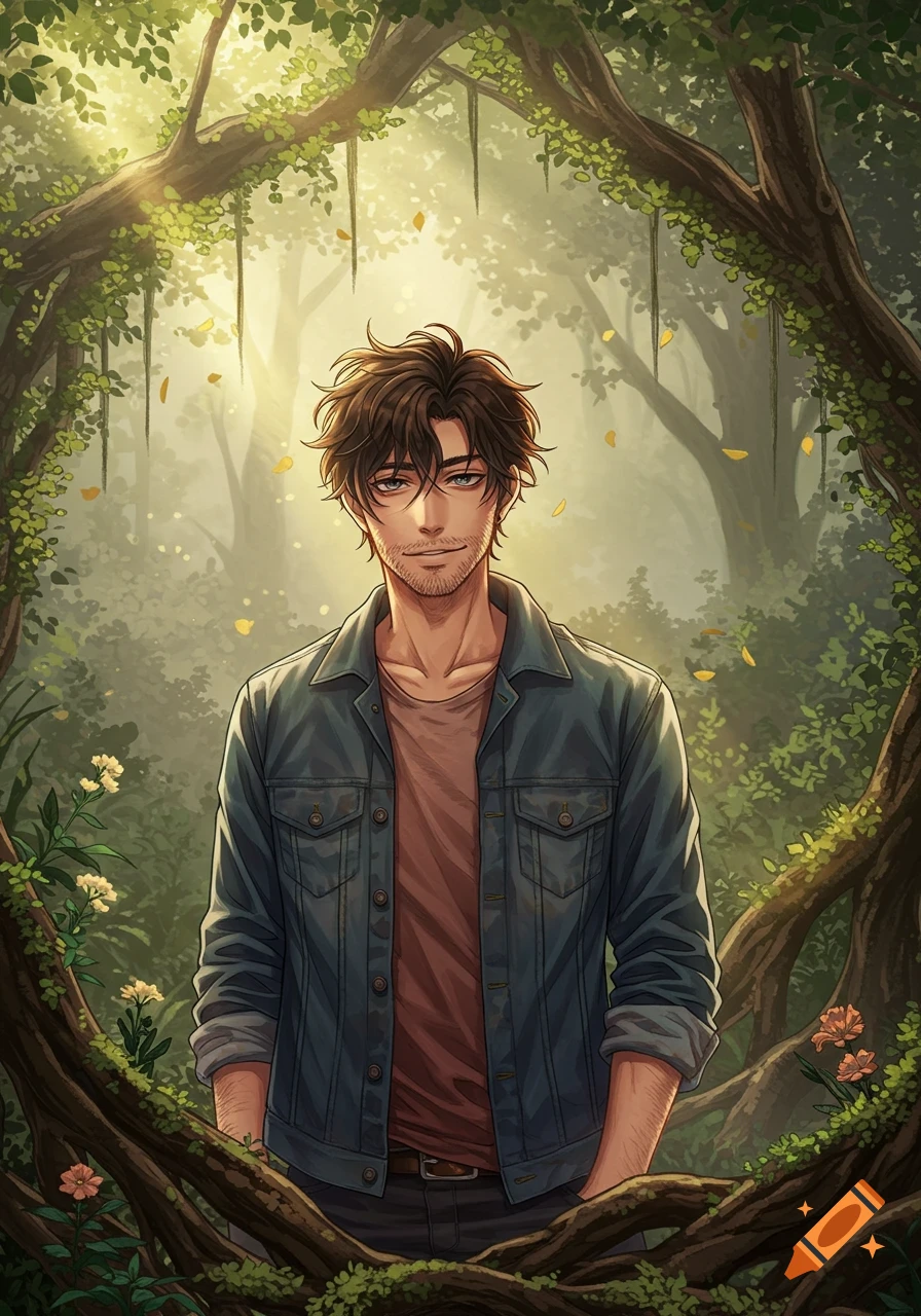 Anime-style portrait of a scruffy young man with brown hair and a light beard, wearing a denim jacket, standing in a lush, sunlit forest.