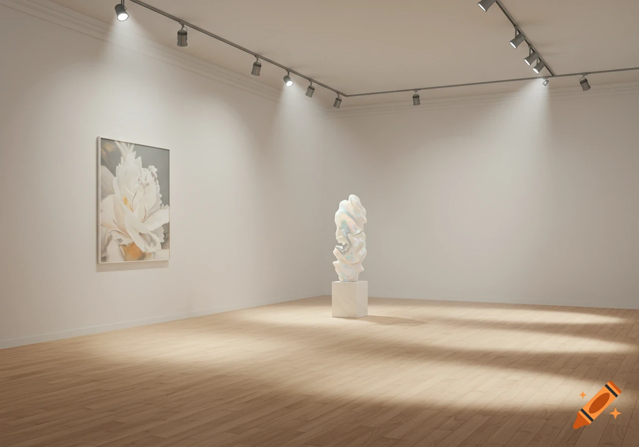 A modern, minimalist art gallery with white walls, track lighting, a painting of a white flower, and a white abstract sculpture on a pedestal.