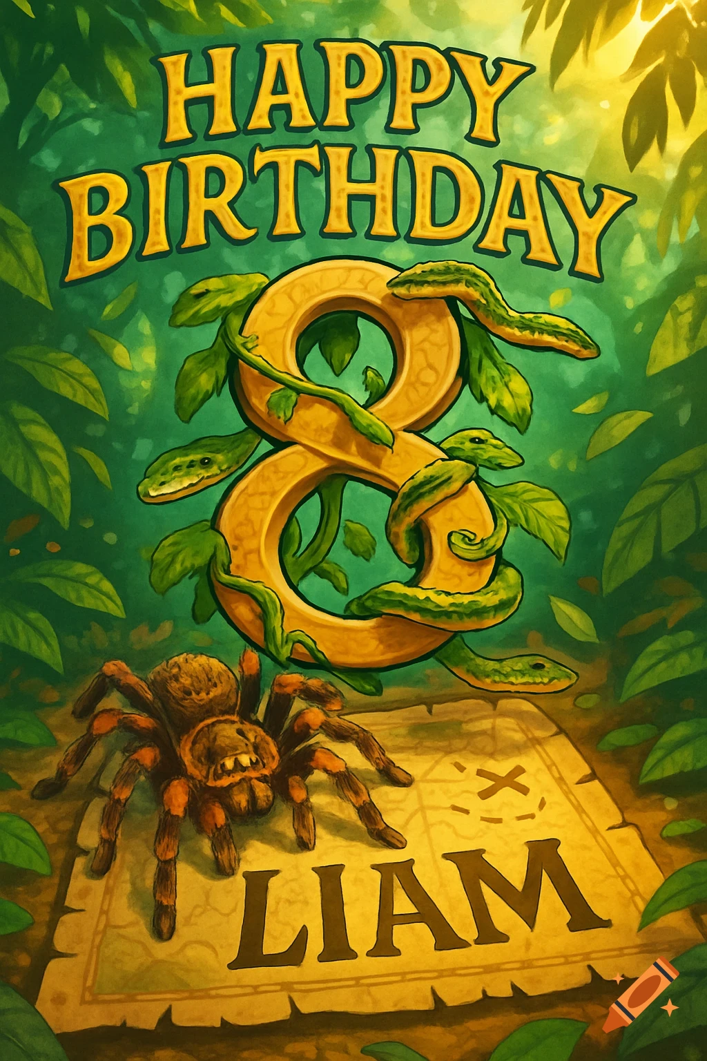 A vibrant green jungle-themed birthday card features a large golden number 8 entwined with green snakes, a tarantula on a treasure map, and "HAPPY BIRTHDAY LIAM" text.