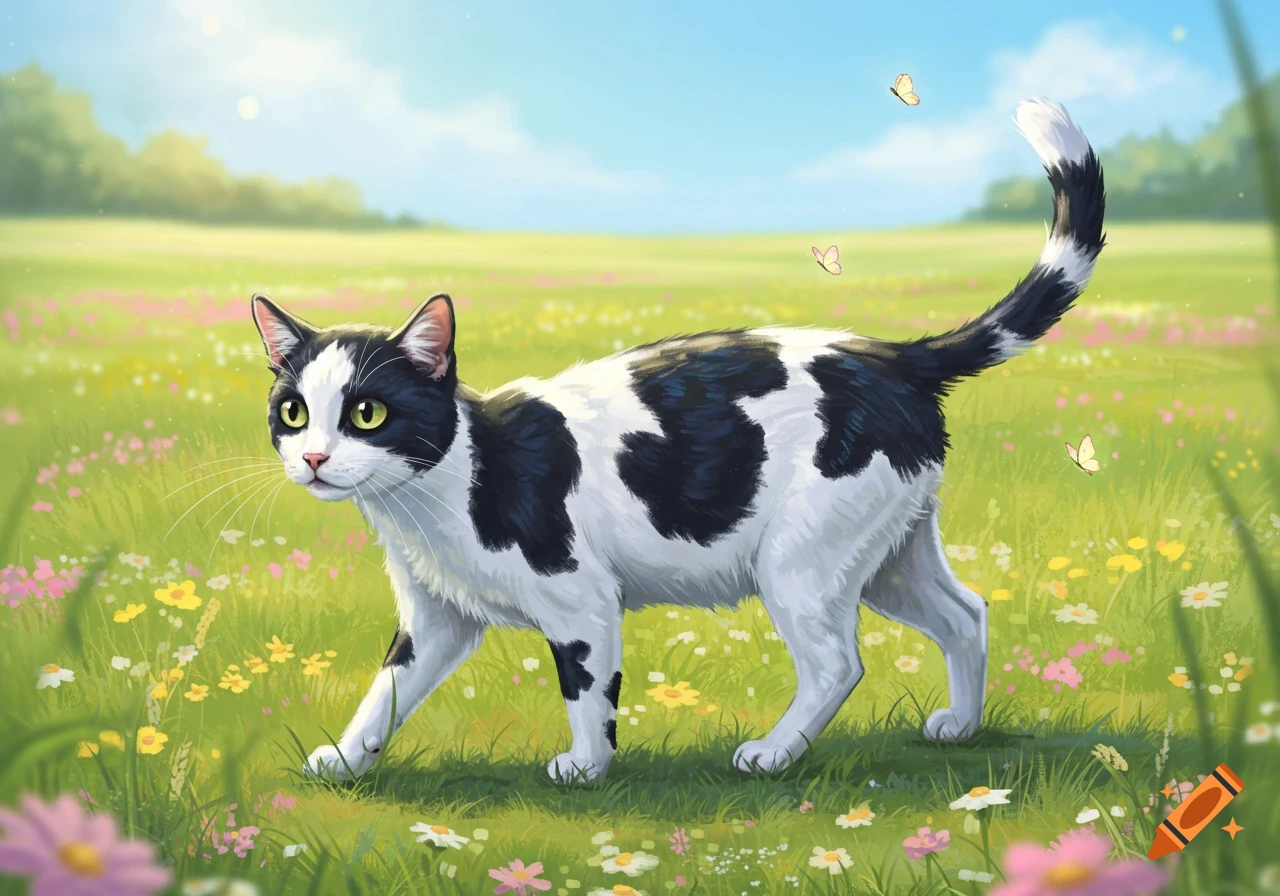 A black and white cat walks through a sunny field of colorful wildflowers with butterflies flying around, in a charming illustration style.
