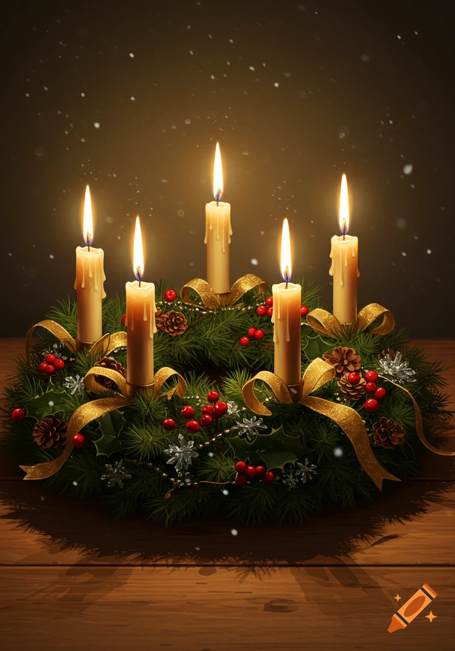 An Advent wreath with five lit candles, decorated with red berries, gold ribbons, pinecones, and snowflakes on a wooden table.