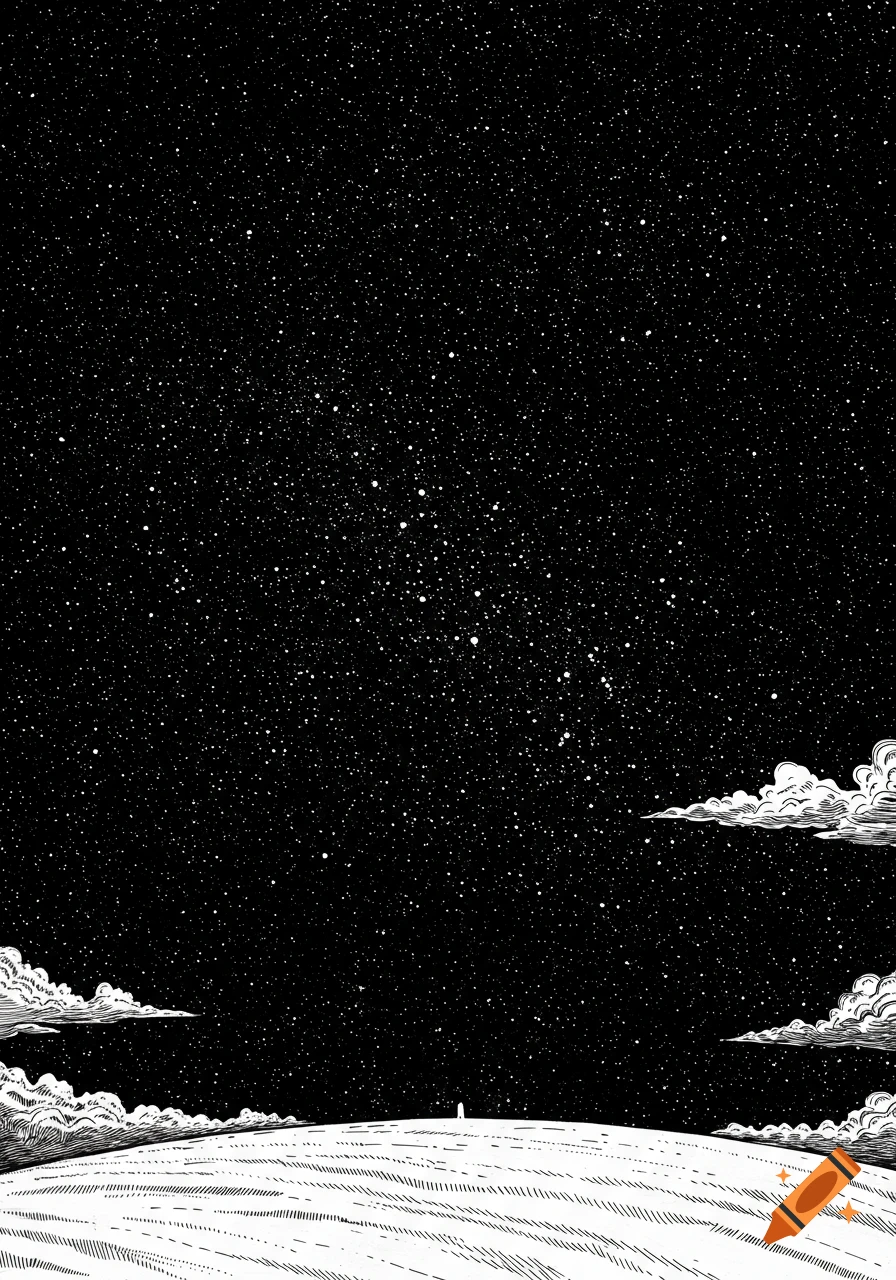 A black and white line drawing of a vast starry night sky over a hilly landscape with a tiny figure in the distance and stylized clouds.