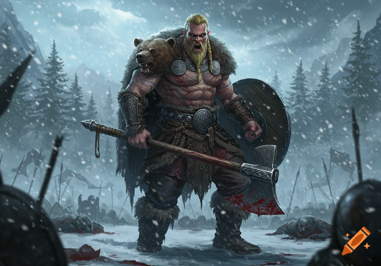 A muscular Norse berserker wearing a bear pelt and armor, holding a blood-stained axe and shield, stands in a snowy battlefield amidst fallen enemies.