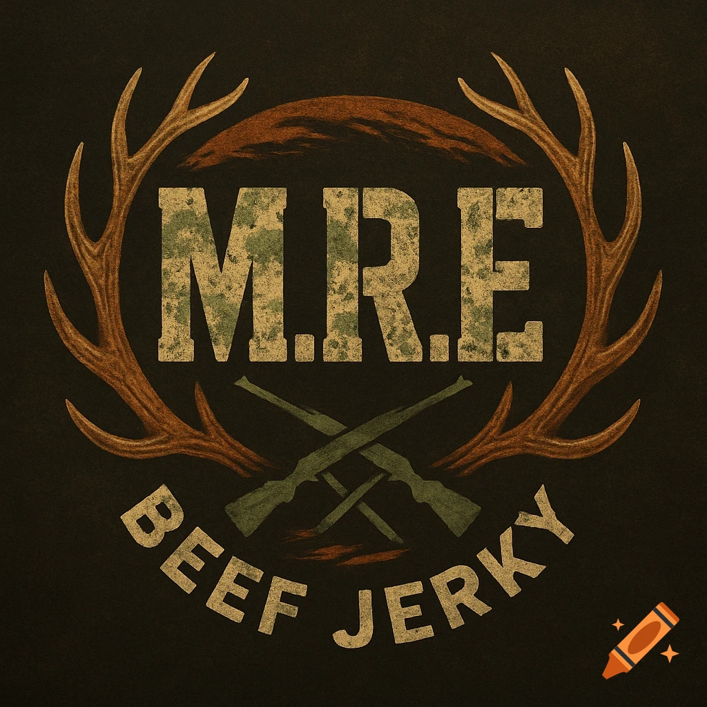 Distressed logo featuring deer antlers, crossed rifles, and the text M.R.E. Beef Jerky.
