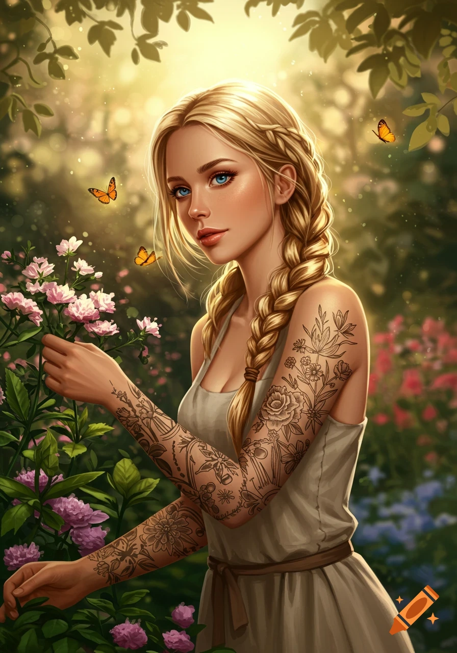 A young woman with braided blonde hair and full floral tattoo sleeves stands in a sunlit garden among pink flowers and butterflies.