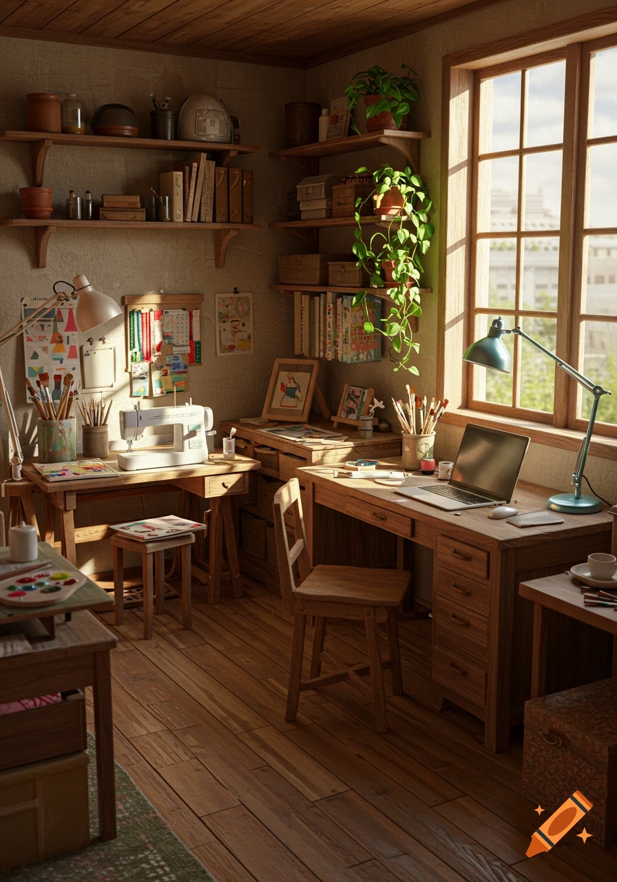 A sunlit, vintage-style art and craft studio with wooden desks, shelves, art supplies, a sewing machine, and a laptop. Photorealistic.