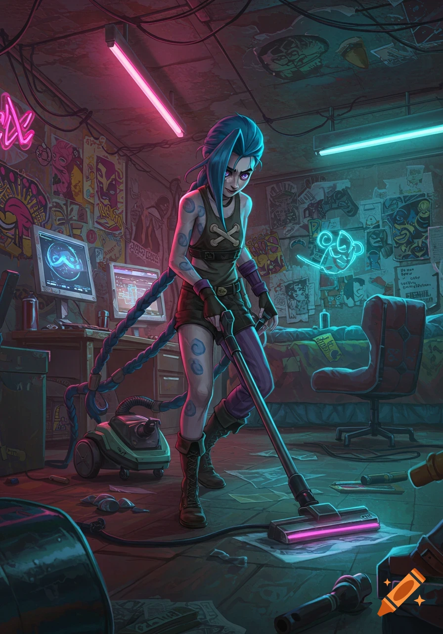 Jinx from Arcane in her cluttered bedroom, vacuuming under neon lights in an anime style.
